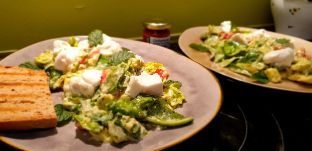 Salat auf 2 grauen Tellern mit dunklem Rand länglich angerichtet, nebeneinander stehend auf einer Ceranplatte. Die im Licht glänzenden Mottarellastücke leuchten heraus; Avocado- und Tomatenstücke siwie Minzblätter sind gut zu erkennen; Alles von saftig cremigem Pesto benetzt; Getoastetes Brot liegt anbei; Zwischen den Tellern steht ein Glas Chiliphunk Chilipaste; Im Hintergrund eine hellgrüne Wand und ganz rechts hinten steht ein Gmundner Keramik-Topf mit Blümchenmuster.