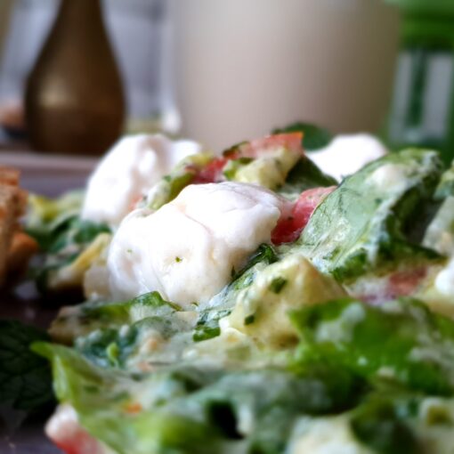 Nahansicht, links ein getoastetes Schwarzbrot mit Toaststreifen; rechts der auf einen grauen Teller drapierte Salat; Zerrissene Salatblätter, ganze Basilikumblätter, Tomaten- und Mozzarellastücke sind mit sämigem Pesto angerichtet. Es sieht sehr saftig aus; Ein paar weiße Mozzarellastücke liegen oben auf und glänzen im Licht.